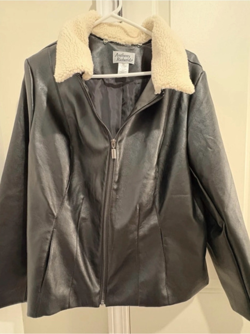 Anthony Richards Black Faux Leather Jacket with Cream Sherpa Collar